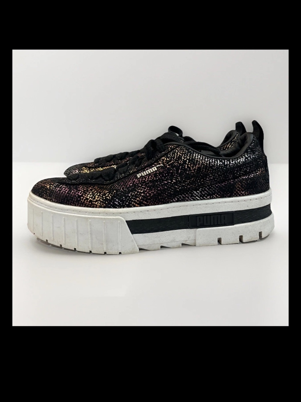 Puma Mayze AO Met Sneakers Shoes Platform Black Metallic Leather Women's Size 8